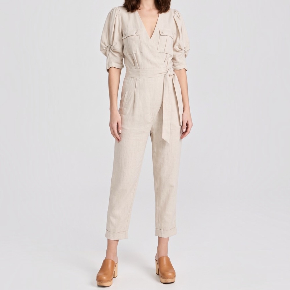 Joie Leroy Puff Sleeve Wrap Linen Blend Jumpsuit Boho Utility Canvas size Small